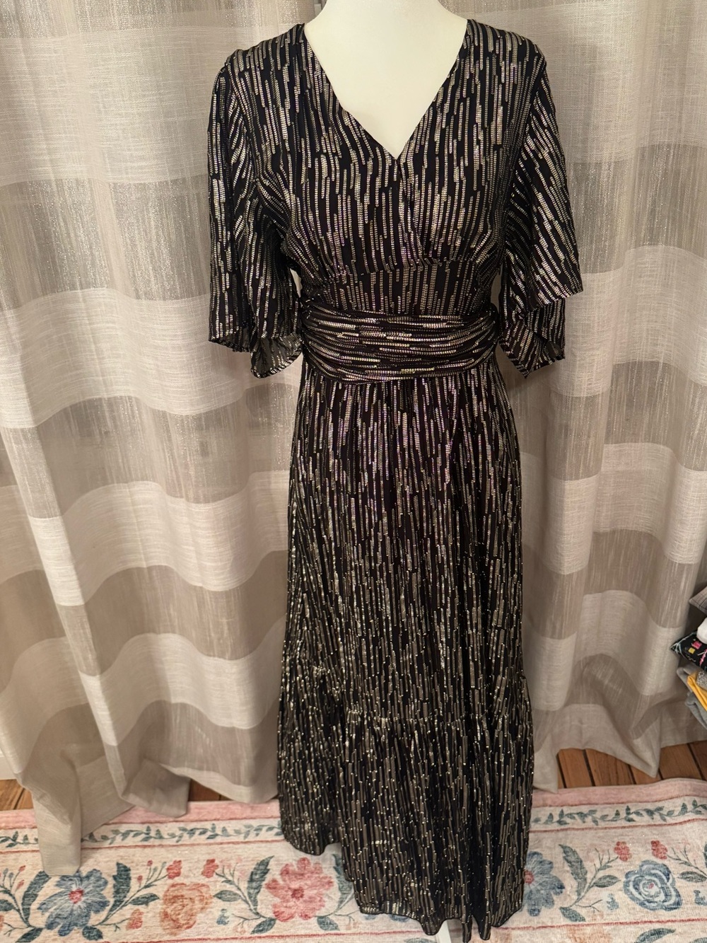 ba&sh Nico  Black Metallic Stripe V-Neck Maxi Dress with Shimmer